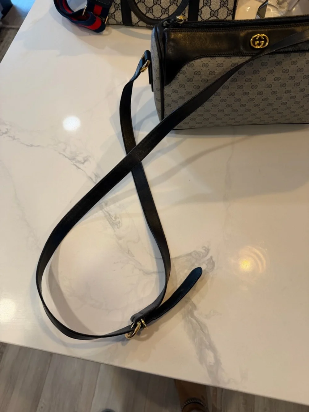 Gucci Blue Leather and Beige/Gray GG Monogram Shoulder Bag - Picture 10 of 14